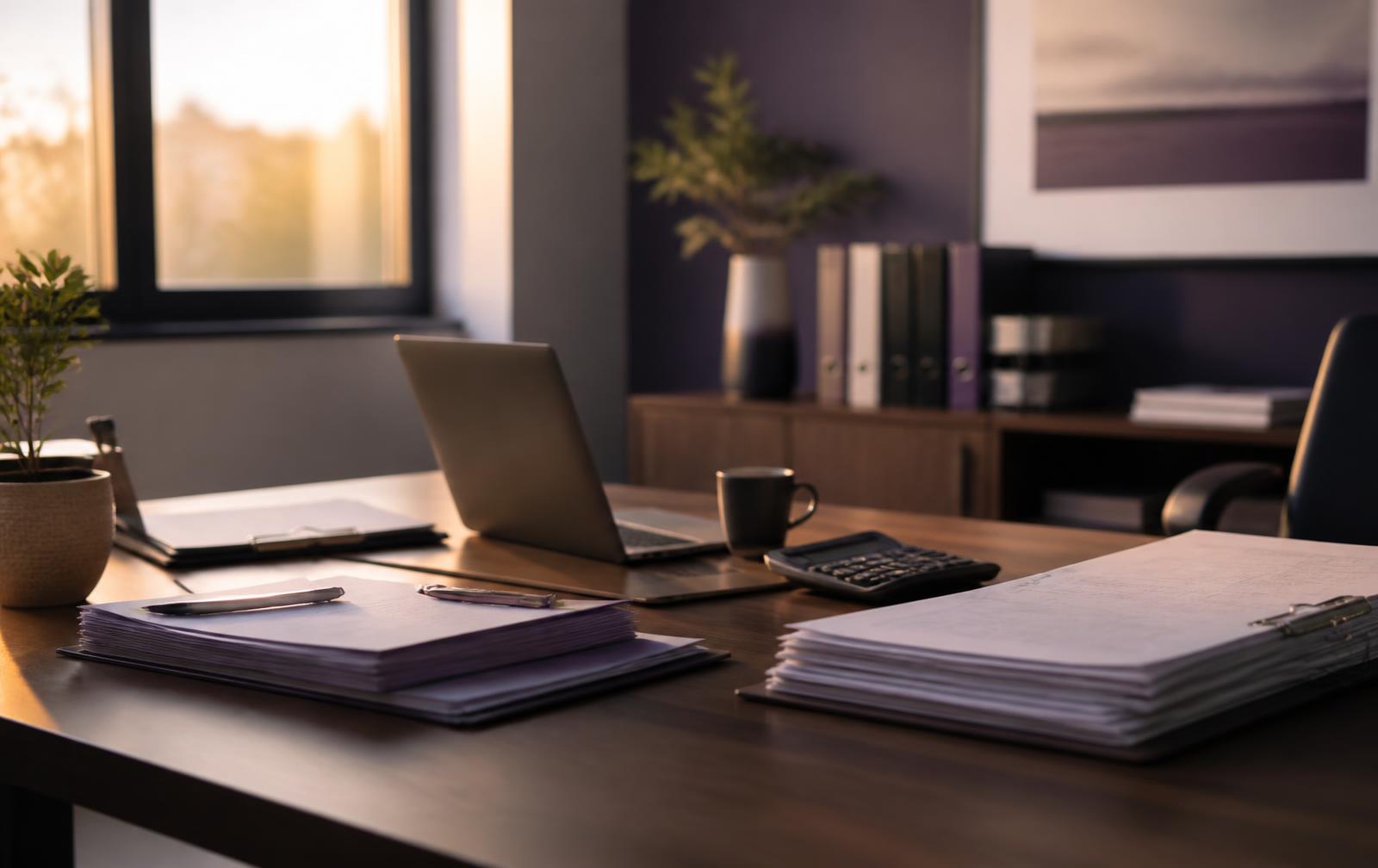 An accounting practice office desk with client files, a laptop, and a calculator in evening light